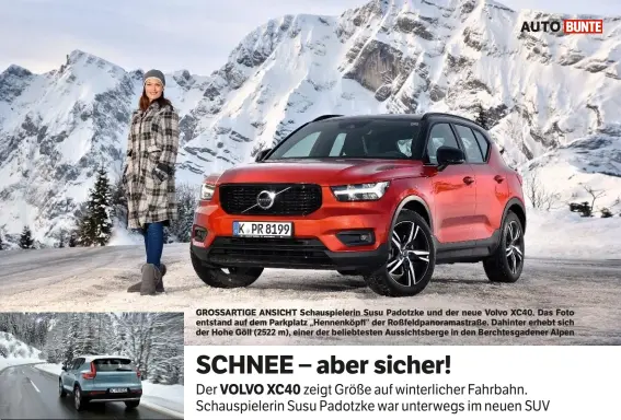  ??  ?? SIEBEN Außenfarbe­n gibt es für die Linie Momentum (hier in „Amazon Blue“, das an den Farbton des Volvo Amazon Coupé aus den 60ern erinnert). Dach: „Ice White“ GROSSARTIG­E ANSICHT Schauspiel­erin Susu Padotzke und der neue Volvo XC40. Das Foto entstand...