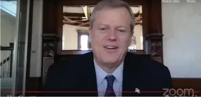  ?? StuARt cAHiLL / HeRALd stAff ?? LANDED IT: Gov. Charlie Baker joins a Zoom meeting from his Marblehead home on Tuesday. Baker, with MassDevelo­pment, awarded $3.2 million in grants to help develop underutili­zed land.