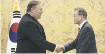  ?? PHOTO: GETTY IMAGES ?? Optimistic . . . US Secretary of State Mike Pompeo shakes hands with South Korean President Moon Jaein in Seoul, South Korea, after meeting North Korea’s leader Kim Jongun.