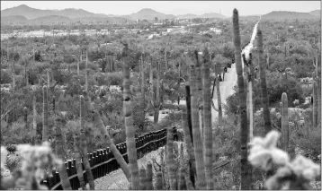  ?? ASSOCIATED PRESS ?? THIS FEB. 17, 2006, FILE PHOTO, SHOWS A FENCE SEPARATING ORGAN PIPE CACTUS National Monument (right) and Sonyota, Mexico, running through Lukeville, Arizona. Environmen­talists asked a judge on Tuesday to stop a plan to replace existing vehicle barriers along the U.S.-Mexico border in southern Arizona, including barriers at Organ Pipe.