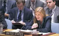  ?? Bryan R. Smith/AFP/Getty Images ?? United States Ambassador to the UN Samantha Power speaks Sunday during a United Nations Security Council emergency meeting on the situation in Syria at the United Nations in New York.