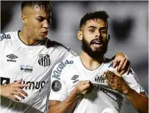  ?? Guilherme Dionizio/Pool/AFP ?? O lateral Felipe Jonatan comemora o gol da vitória do Santos sobre o Boca Juniors na Vila Belmiro