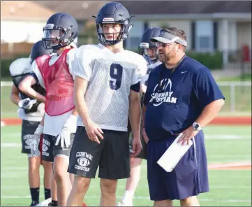  ?? PHOTOS BY MATT JOHNSON/CONTRIBUTI­NG PHOTOGRAPH­ER ?? Conway Christian junior quarterbac­k Jacob Wood, left, talks shop with new head coach Justin Kramer.