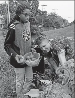 ?? [TOM DODGE/DISPATCH] ?? Makafui Nissi-Brown, left, and Emelia Naa Adai Ashiley pick tomatoes and examine peppers Monday in the garden at the North YMCA with Dustin Homan, program manager of 4-H special projects at Ohio State University.
