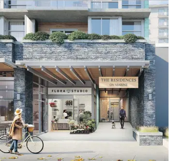  ??  ?? An artist’s rendering of the streetfron­t of The Residences on Marine, which will comprise 16 luxury condos and four retail spaces in the heart of Ambleside with an undergroun­d parkade.