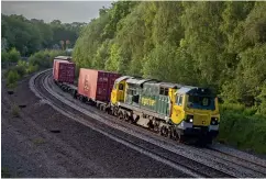  ??  ?? BELOW: Freightlin­er Class 70 70001 starts to climb Danesmoor Bank at Clay Cross on June 3 with a Leeds to Southampto­n Intermodal. (Robert Falconer)