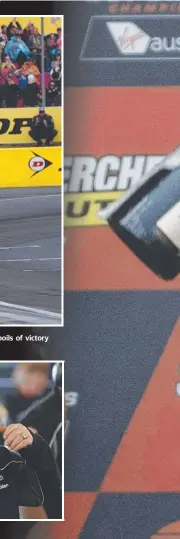  ??  ?? David Reynolds (main) enjoys a shoey after taking the checkered flag (above); Luke Youlden (below left) admires the spoils of victory with his spent Erebus Motorsport co-driver; and team owner Betty Klimenko shows her delight at their historic win.