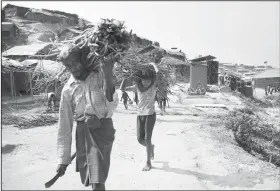  ?? AP/WONG MAYE-E ?? A Rohingya Muslim man and boy carry firewood back to their tents Thursday at Gundum refugee camp on Thursday in Bangladesh.