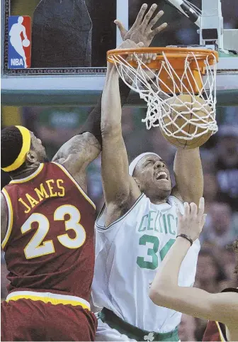  ?? AP FILE PHOTO ?? TRIP DOWN MEMORY LANE: Paul Pierce throws down a dunk in front of LeBron James during the Celtics’ series against the Cavaliers in the 2010 NBA playoffs.