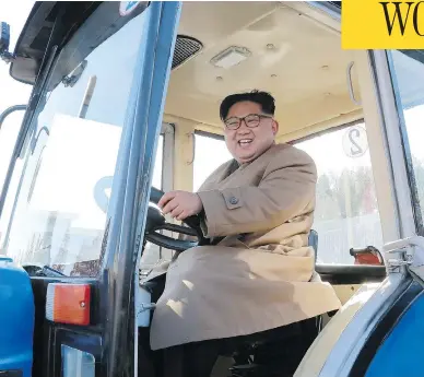  ?? KOREAN CENTRAL NEWS AGENCY / KOREA NEWS SERVICE VIA AP ?? North Korean leader Kim Jong Un sits in a tractor at the Kumsong Tractor Factory, in Nampo, North Korea. China is sending Song Tao, the head of Beijing’s Internatio­nal Department, to Pyongyang for a trip experts believe could be an attempt to reassure Pyongyang that China will not follow the U. S. with its tough line on the regime.