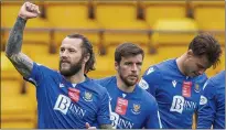  ?? ?? Stevie May, left, celebrates after his cross was deflected into the net