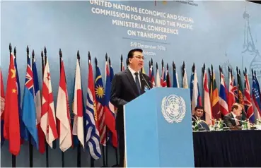  ??  ?? For the environmen­t: Liow speaking at the United Nations Economic and Social Commission for Asia and the Pacific Ministeria­l Conference on Transport in Moscow, Russia.