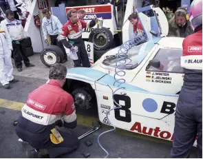  ??  ?? Below left: Our man in Australia – Richard Holdsworth (right) with George Nakas owner/driver of the Joest Porsche 962
Below: Le Mans 1988. Quick pit stop for Porsche number 8 on its way to third place overall. Porsche qualified one, two and three in the 24-hour marathon