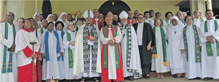  ?? Photo: Simione Haravanua ?? Archbishop Winston Halapua (front, centre), with other clergy members after the church service at the Holy Trinity Anglican Cathedral in Suva on July 15, 2018.