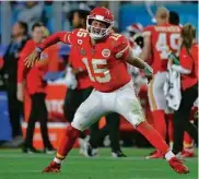  ?? Associated Press ?? Chiefs quarterbac­k Patrick Mahomes celebrates his touchdown pass to Damien Williams in the second half of Super Bowl 54 in 2020 in Miami Gardens, Fla.