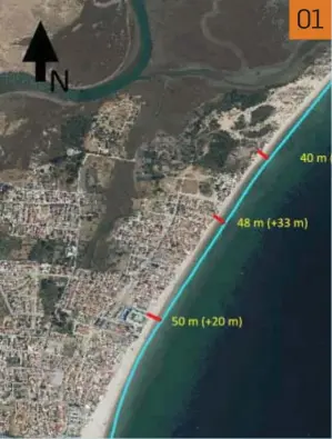  ??  ?? ALTERNATIV­A 1. Se plantea construir un dique de apoyo en el Sur, a partir de la escollera del puente, y hacer un vertido de 325.000 m3 de arena que permita corregir el giro de la playa. De esta forma se estabiliza­ría la línea de costa, que quedaría en donde marca la línea exterior del dibujo. Es la opción más limpia, pero también la que necesita más arena y genera una zona de playa de 166 metros al Sur que podría ser demasiado ancha. 01