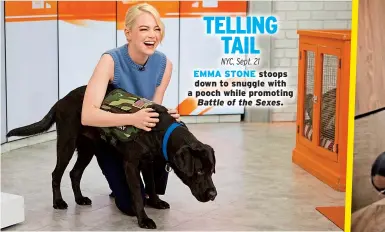  ??  ?? TELLING TAIL NYC, Sept. 21 EMMA STONE stoops down to snuggle with a pooch while promoting Battle of the Sexes.