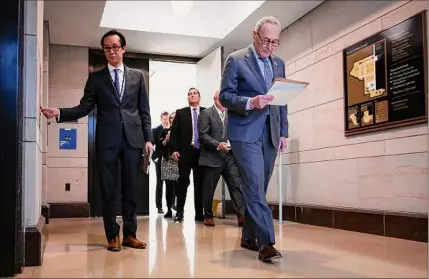  ?? Chip Somodevill­a / Getty Images ?? Senate Majority Leader Charles Schumer leaves a closed-door, classified briefing with officials from the Department of Defense and the intelligen­ce community at the U.S. Capitol on Tuesday in Washington. The U.S. military shot down four objects in North American airspace within eight days.