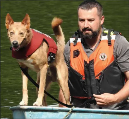  ?? SUBMITTED PHOTO ?? Keith Cox of Bethel rides in a boat with his Search and Rescue dog Nakoma, who has been trained and certified as a Scent-Specific Trailing Dog and as a Human Remains Detection/Water Search Dog.