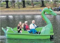  ?? PHOTO: ANT ?? Evesham Mayor Coun Mark Goodge is pictured on board one of the colourful dragons with his children Ellie, aged 15, Abigail, 12 and three-year-old Nathaniel.