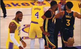  ?? KEITH BIRMINGHAM — SOUTHERN CALIFORNIA NEWS GROUP ?? The Lakers’ LeBron James reacts after getting a foul called on him in Wednesday night’s play-in game.