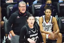  ?? David Butler II / Associated Press ?? UConn coach Geno Auriemma shouts from the sideline during the first half against Providence on Saturday.