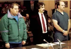  ??  ?? Left, from top Shawn Eckardt (left) and Derrick Smith (right) appear in court on 14 January 1994, alongside Smith’s lawyer; Harding’s ex-husband Jeff Gillooly at home in Oregan five days before his arrest