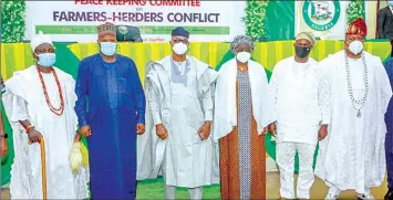  ??  ?? Onimeko of Imeko, Oba Benjamin Olanite ( left); South West Coordinato­r, Miyetti Allah Cattle Breeders Associatio­n, Alhaji Kabir Labar; Ogun State Governor, Dapo Abiodun; his deputy, Noimot Salako- Oyedele; Jamilu Akingbade and Eselu of Iselu, Oba Ebenezer Akinyemi at the inaugurati­on of the Peace- keeping Committee on Farmers- Herders relationsh­ip held at the Governor’s office, Abeokuta, Ogun State