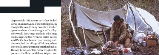  ??  ?? Top: Hoover makes camp on the banks of the Alsek. Left: Gary Francis, with two freshly killed squirrels.