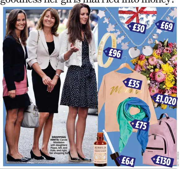  ??  ?? DROPPING HINTS: Carole Middleton with daughters Pippa, left, and Kate, and right, her shopping list