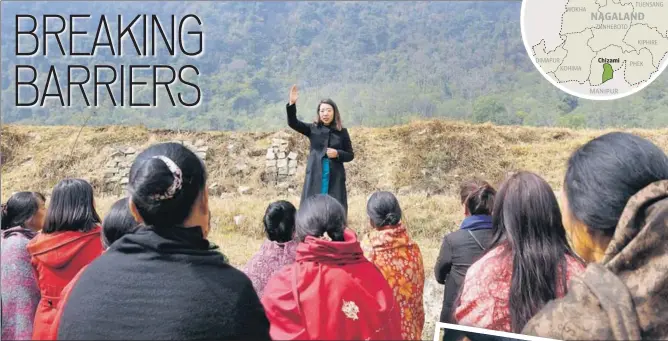  ?? SAMIR JANA/HT PHOTO ?? Rekha Rose Dukru (main image), an independen­t candidate from the Chizami seat, addresses a gathering of women at a village in Phek district. The 35yearold Dukru is one of five women candidates trying to become the first woman MLA in the state. (Below...