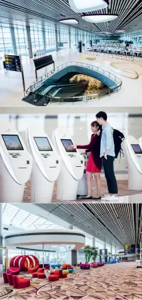  ??  ?? Flying into the future Changi’s sleek new Terminal 4 streamline­s the travel experience with facial recognitio­n software and self-service kiosks; a Cathay Pacific plane at Paya Lebar in 1960 (below)