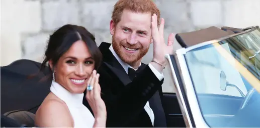  ??  ?? Ready to party: Harry opens the door of the Jaguar for Meghan (left) as they leave the castle for Saturday’s evening do