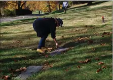  ?? SHEA SINGLEY — MEDIANEWS GROUP ?? Chris Schweitzer, event coordinato­r and Iron Warriors Inc. secretary, places a penny on the grave of a veteran at Forest Hills Memorial Gardens on Saturday morning during the annual Veterans Remembranc­e Penny Drive.