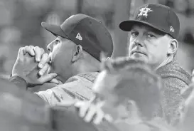  ?? Karen Warren / Houston Chronicle ?? Contrary to Game 4, there wasn’t much Astros bench coach Alex Cora, left, or manager A.J. Hinch could do to prevent Wednesday’s 5-0 loss to the Yankees.