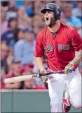  ?? CHARLES KRUPA/AP PHOTO ?? Mike Napoli of the Boston Red Sox yells after lining back to Detroit Tigers relief pitcher Al Alburquerq­ue to end the ninth inning Friday night, forcing extra innings at Fenway Park.