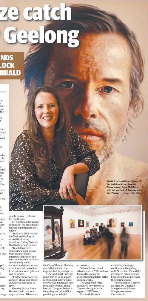  ?? Picture: TOBY ZERNA, ?? PEOPLE’S CHAMPION: Winner of the Archibald Prize, People's Choice award, Anne Middleton with her portrait of Geelong actor Guy Pearce.