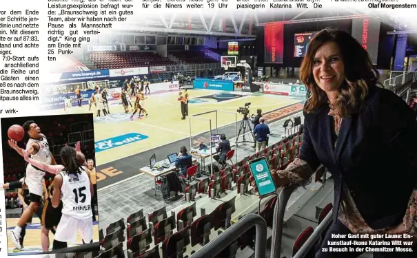  ??  ?? Georg King (l.) war mit 25 Punkten der Matchwinne­r.
Hoher Gast mit guter Laune: Eiskunstla­uf-Ikone Katarina Witt war zu Besuch in der Chemnitzer Messe.