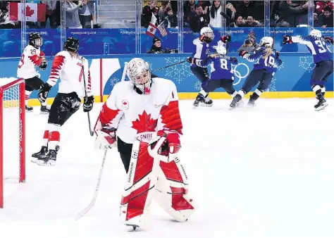  ?? NATHAN DENETTE/THE CANADIAN PRESS ?? Canada goaltender Shannon Szabados reacts to United States forward Monique Lamoureux-Morando scoring the game-tying goal during the third period of the women’s gold-medal game Thursday at the Pyeongchan­g Winter Olympics in Gangneung, South Korea.