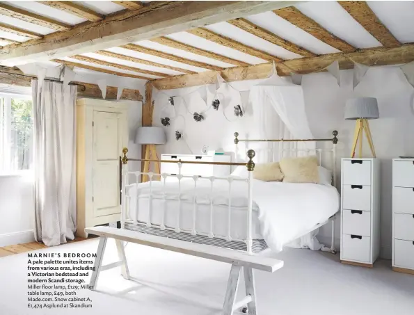  ??  ?? MARNIE’S BEDROOM A pale palette unites items from various eras, including a Victorian bedstead and modern Scandi storage. Miller floor lamp, £129; Miller table lamp, £49, both Made.com. Snow cabinet A, £1,474 Asplund at Skandium