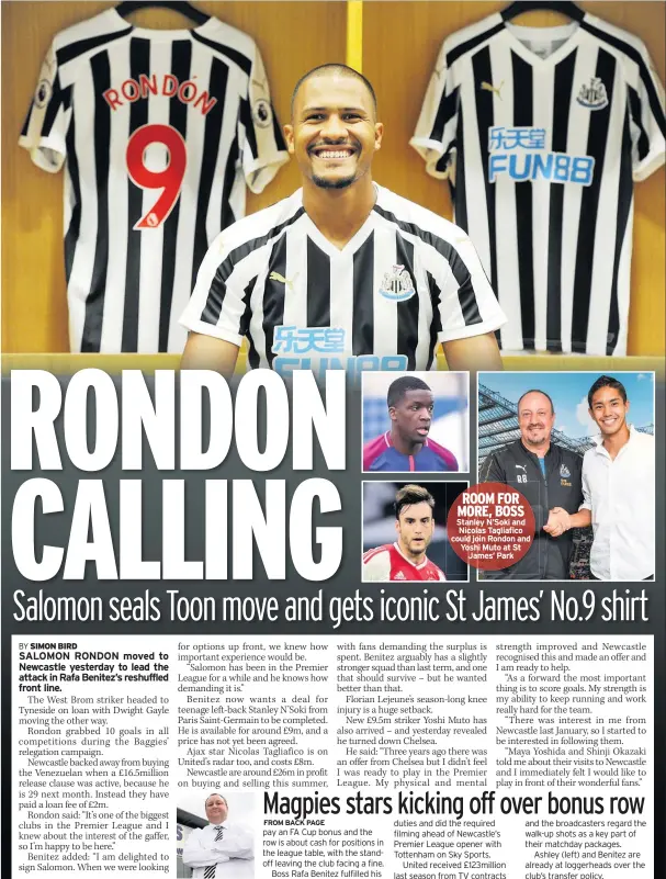  ??  ?? ROOM FOR MORE, BOSS Stanley N’soki and Nicolas Tagliafico could join Rondon and Yoshi Muto at St James’ Park