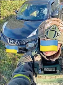 ?? ?? Grindstaff’s cousin was an engineer until the war thrust him into the Ukrainian military. When he said his unit needed an all-terrain car for transporti­ng wounded soldiers and civilians, Grindstaff made it her project to help him purchase the car.