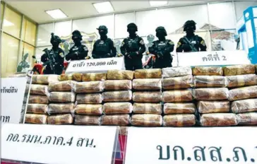  ?? LILLIAN SUWANRUMPH­A/AFP ?? Bags of tablets, or methamphet­amine mixed with caffeine, are displayed for the media in front of the Narcotics Suppressio­n Division in Bangkok on February 1.