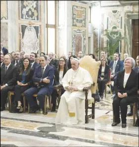  ?? AP PHOTO ?? Pope Francis sits during a meeting with members of the Italian parliament­ary Antimafia Commission during an audience in the Clementine Hall at the Vatican.