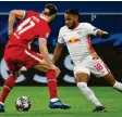  ?? Foto: dpa ?? Christophe­r Nkunku (rechts) und Leipzig schieden gegen Liverpool aus.