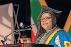  ?? ?? Dr Gloria Serobe delivers her inaugural speech as Chancellor of the Tshwane University of Technology.