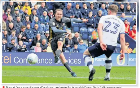  ??  ?? Aiden McGeady scores the second Sunderland goal against his former club Preston North End to secure a point