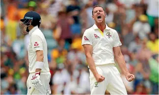  ?? GETTY IMAGES ?? Josh Hazlewood of Australia celebrates taking the wicket of England captain Joe Root, with Australian fast bowlers dominating the series.