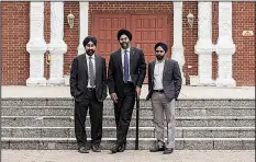  ?? The New York Times/BRYAN ANSELM ?? Ravi Bhalla (left), the mayor of Hoboken; Gurbir Grewal, New Jersey’s attorney general; and Amardeep Singh, a founder of the Sikh Coalition — a civil rights group — stand in front of a Sikh temple in Glen Rock, N.J., in July.