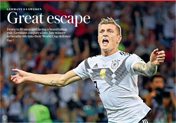  ??  ?? Kroos control: Midfielder celebrates after curling a brilliant free-kick beyond Sweden’s keeper Olsen in the 95th minute to seal Germany’s fighting comeback after they looked to be heading out of the tournament